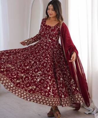 Maroon faux georgette embroidered flared gown set 2