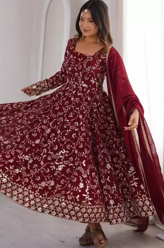 Maroon faux georgette embroidered flared gown set