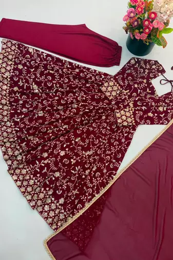 Maroon faux georgette embroidered flared gown set