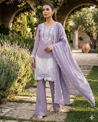 Lavender silk blend embroidered kurta set 1