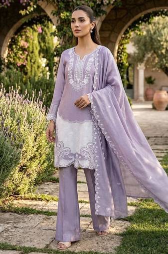 Lavender silk blend embroidered kurta set