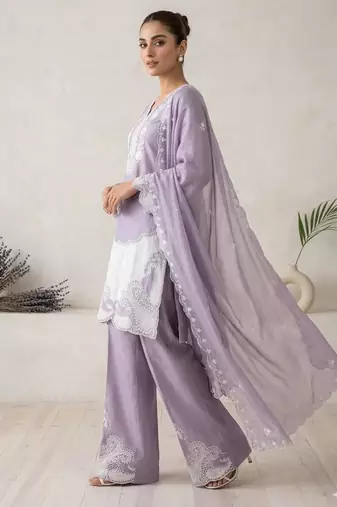 Lavender silk blend embroidered kurta set