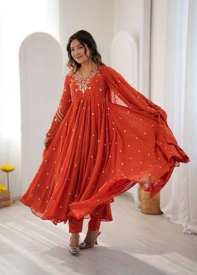 Orange faux georgette embroidered flared gown set 1