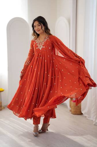 Orange faux georgette embroidered flared gown set