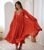 Orange faux georgette embroidered flared gown set