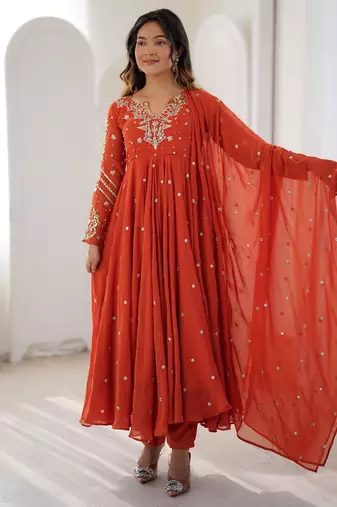 Orange faux georgette embroidered flared gown set