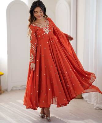 Orange faux georgette embroidered flared gown set 3