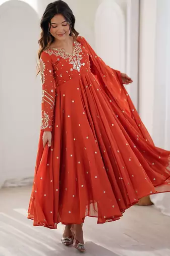 Orange faux georgette embroidered flared gown set