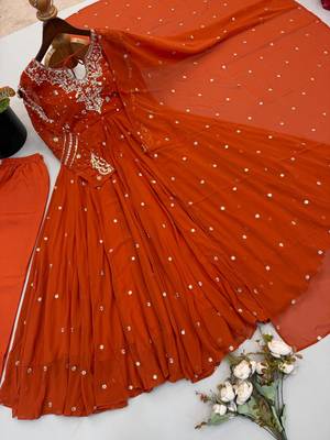Orange faux georgette embroidered flared gown set 4