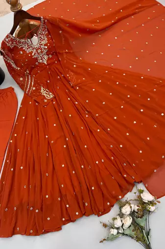 Orange faux georgette embroidered flared gown set