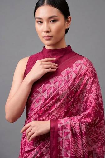 Pink printed satin saree with blouse