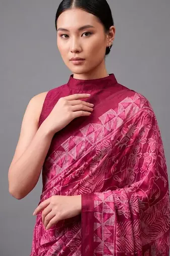Pink printed satin saree with blouse