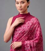 Pink printed satin saree with blouse
