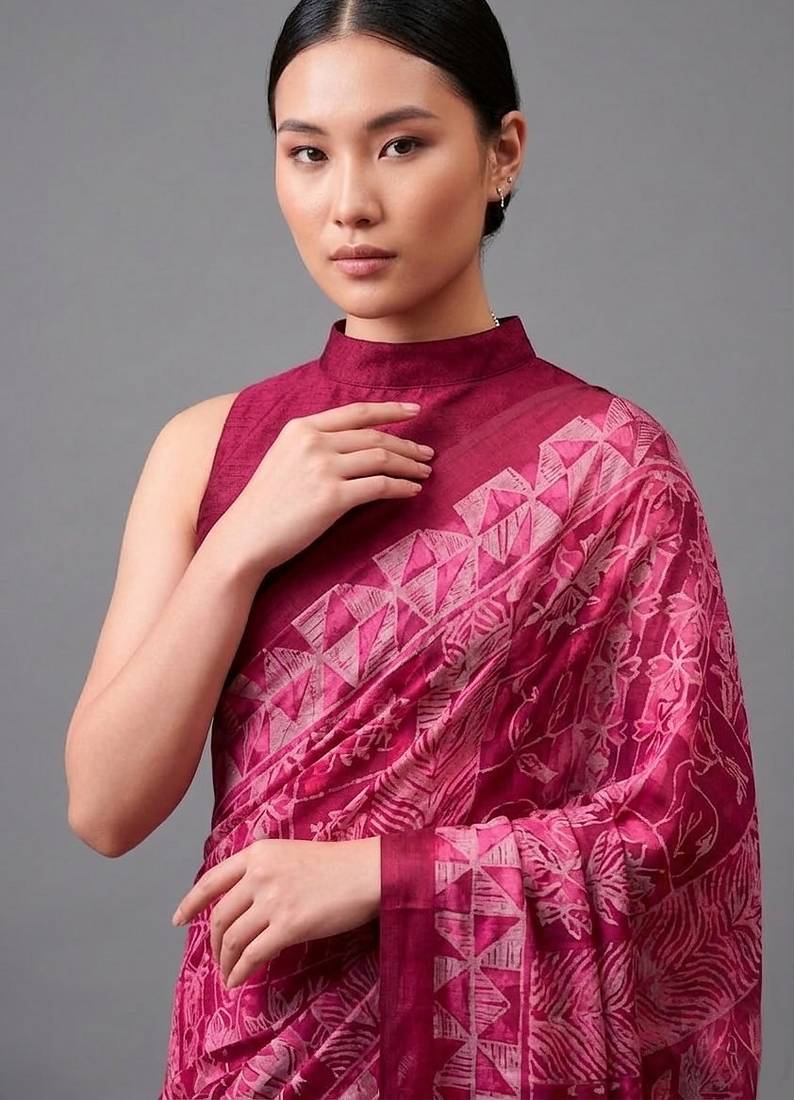 Pink printed satin saree with blouse