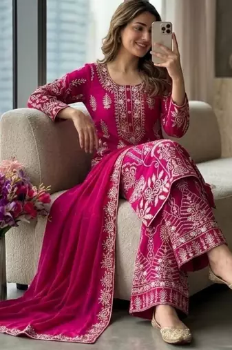 Rani-pink silk blend embroidered sharara set
