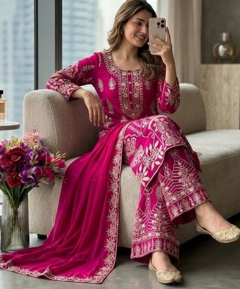 Rani-pink silk blend embroidered sharara set