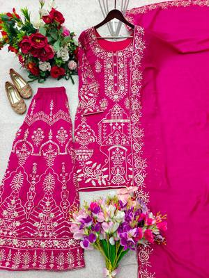 Rani-pink silk blend embroidered sharara set 2