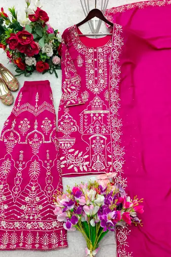 Rani-pink silk blend embroidered sharara set