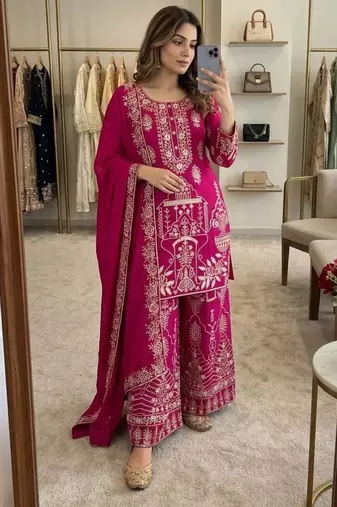 Rani-pink silk blend embroidered sharara set