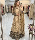 Beige faux georgette embroidered flared gown set