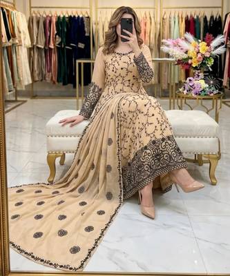Beige faux georgette embroidered flared gown set 2