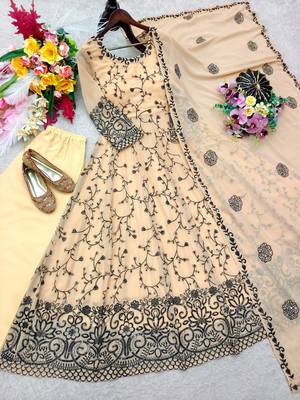 Beige faux georgette embroidered flared gown set 3