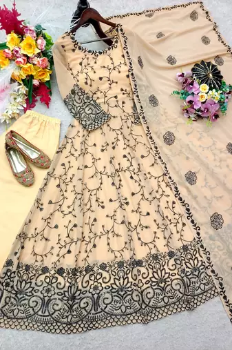 Beige faux georgette embroidered flared gown set