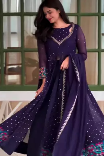 Dark-purple faux georgette embroidered flared gown set