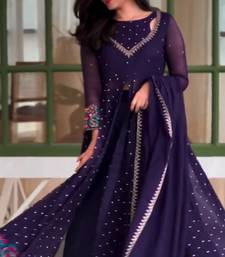 Dark-purple faux georgette embroidered flared gown set