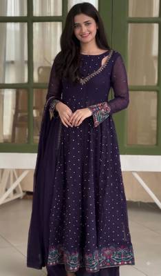 Dark-purple faux georgette embroidered flared gown set 1