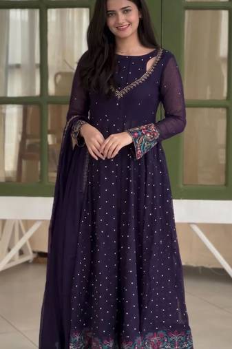 Dark-purple faux georgette embroidered flared gown set