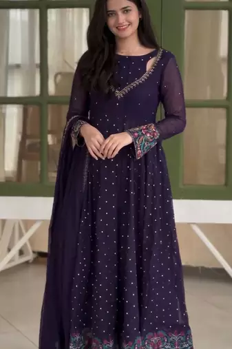 Dark-purple faux georgette embroidered flared gown set