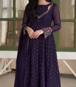 Dark-purple faux georgette embroidered flared gown set
