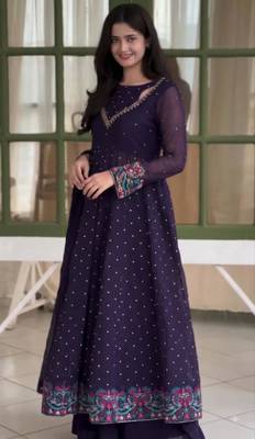 Dark-purple faux georgette embroidered flared gown set 3