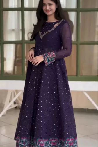Dark-purple faux georgette embroidered flared gown set