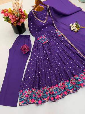 Dark-purple faux georgette embroidered flared gown set 4