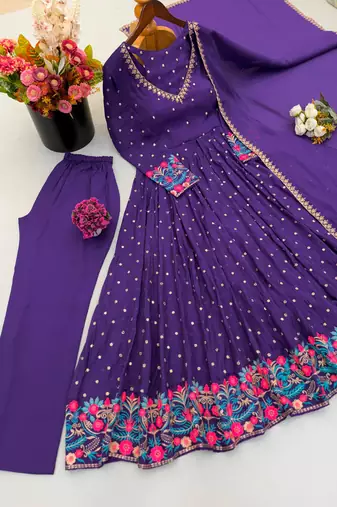 Dark-purple faux georgette embroidered flared gown set