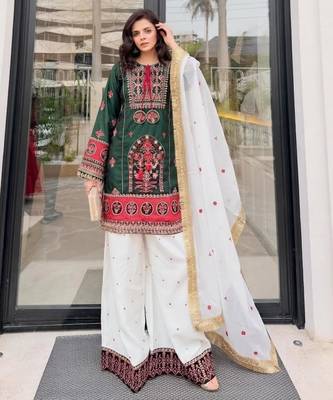 Dark-green cotton poly embroidered palazzo set 1