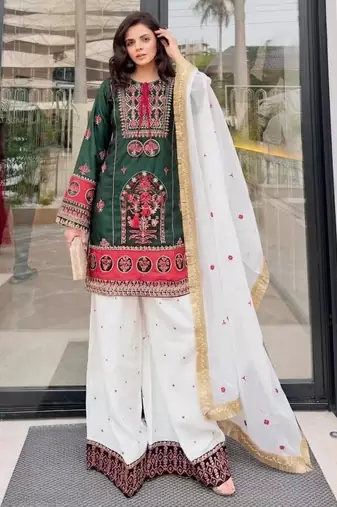 Dark-green cotton poly embroidered palazzo set