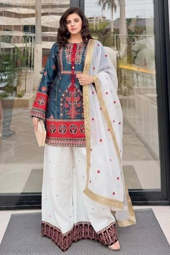 Teal-blue cotton poly embroidered palazzo set