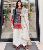 Teal-blue cotton poly embroidered palazzo set