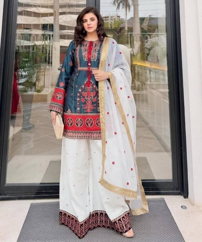 Teal-blue cotton poly embroidered palazzo set