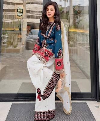 Teal-blue cotton poly embroidered palazzo set 2