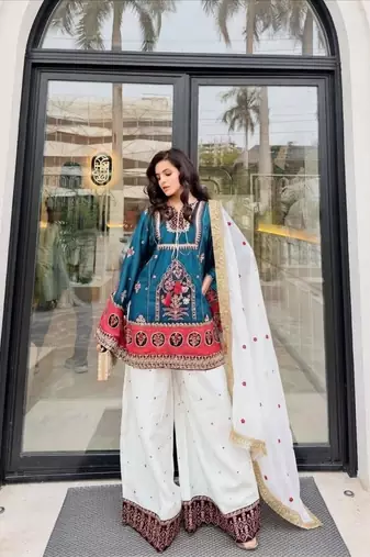 Teal-blue cotton poly embroidered palazzo set