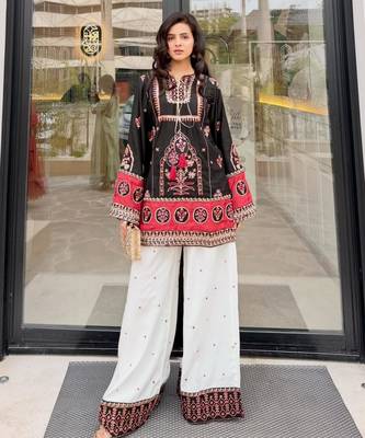 Black cotton poly embroidered palazzo set 1
