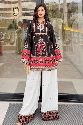 Black cotton poly embroidered palazzo set