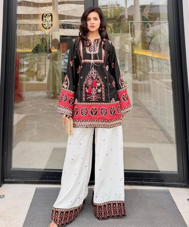 Black cotton poly embroidered palazzo set