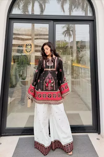 Black cotton poly embroidered palazzo set