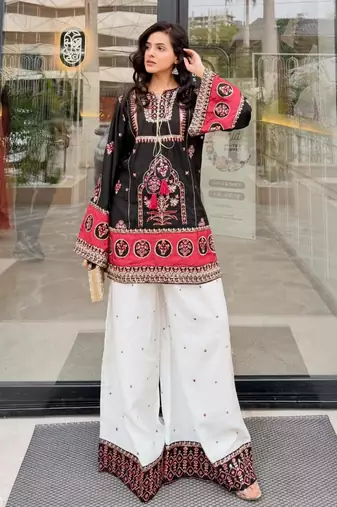 Black cotton poly embroidered palazzo set