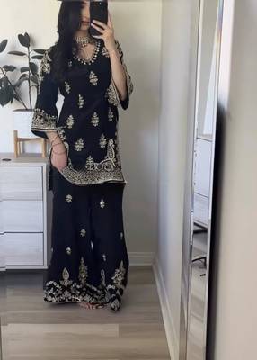 Black silk blend embroidered palazzo set 1